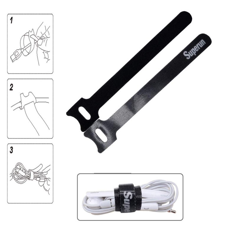 Superun 50 Pcs Black 10 Inch Fastening Cable Ties Reusable Cord Organizer, Adjustable Hook and Loop Wire Wrap Cable Management - Image 4